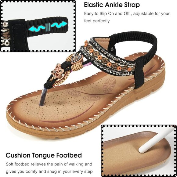 Women Flat Sandals Bohemian Rhinestone Comfort Summer Casual Outdoor - Picture 4 of 6